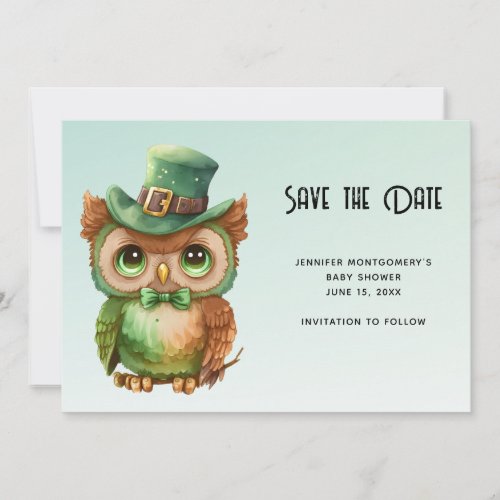 Cute Owl in a Green Top Hat Baby Shower Save The Date