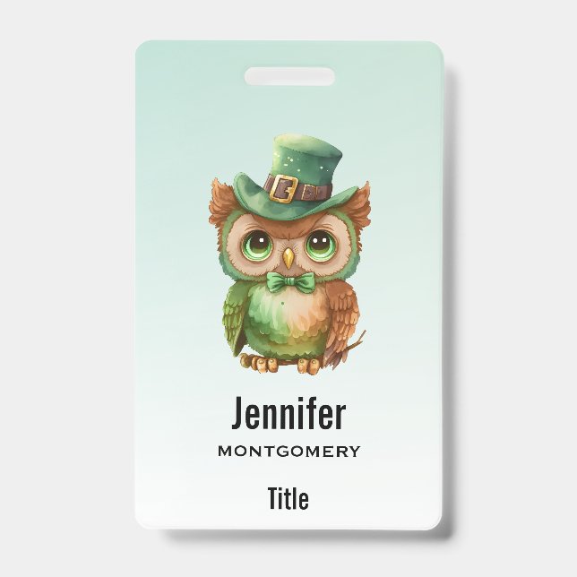 Cute Owl in a Green Top Hat Badge (Front)
