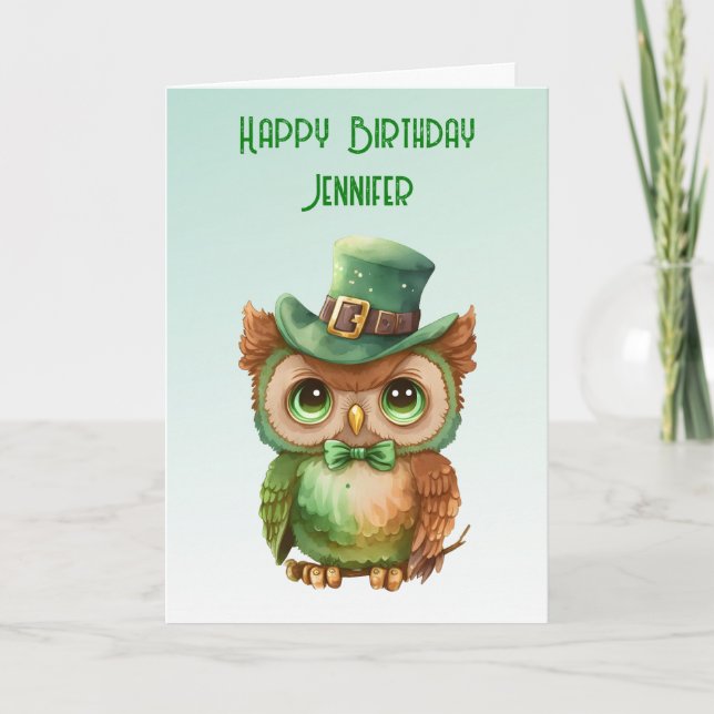 Cute Owl in a Green Top Hat Birthday Card (Front)