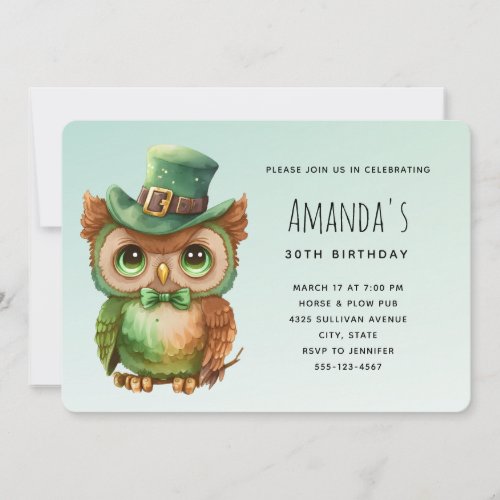 Cute Owl in a Green Top Hat Birthday Invitation