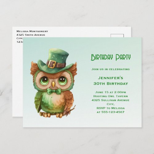 Cute Owl in a Green Top Hat Birthday Invitation Postcard