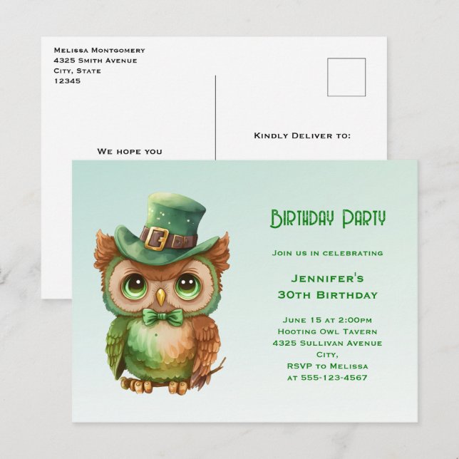 Cute Owl in a Green Top Hat Birthday Invitation Postcard (Front/Back)