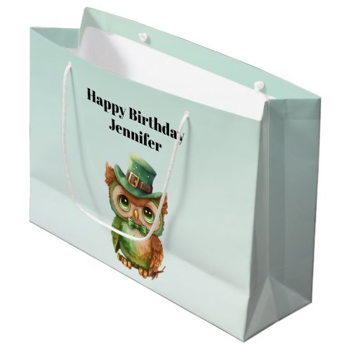 Cute Owl in a Green Top Hat Birthday Large Gift Bag
