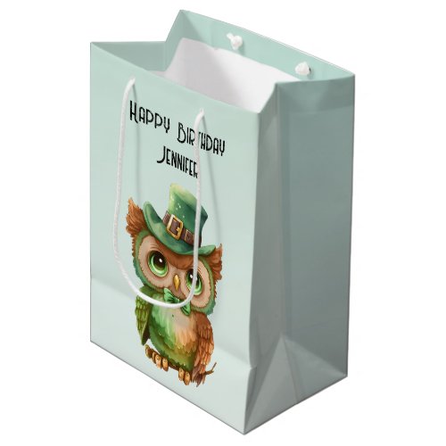 Cute Owl in a Green Top Hat Birthday Medium Gift Bag