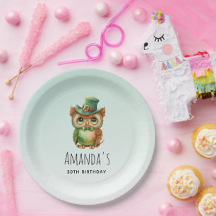 Cute Owl in a Green Top Hat Birthday Paper Plates