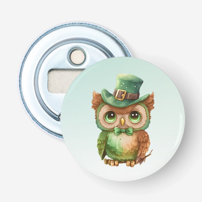 Cute Owl in a Green Top Hat Bottle Opener (Front)