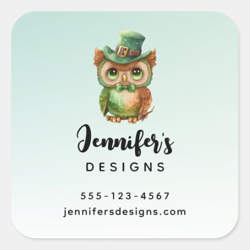 Cute Owl in a Green Top Hat Business Square Sticker