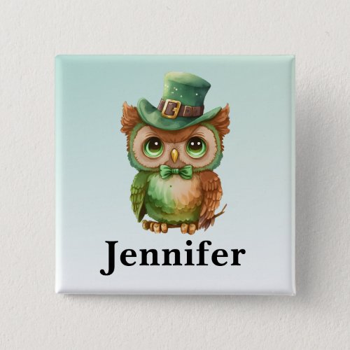 Cute Owl in a Green Top Hat Button