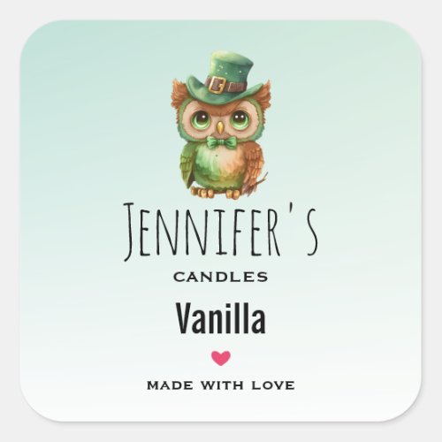 Cute Owl in a Green Top Hat Candle Business Square Sticker