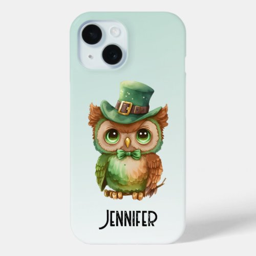 Cute Owl in a Green Top Hat iPhone 15 Case
