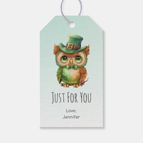 Cute Owl in a Green Top Hat Just for You Gift Tags