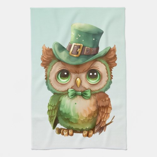 Cute Owl in a Green Top Hat Kitchen Towel