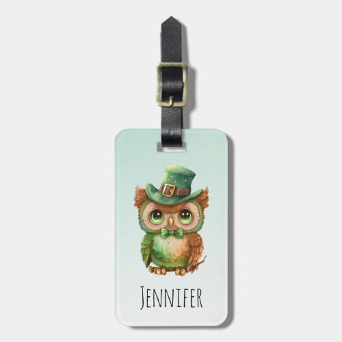 Cute Owl in a Green Top Hat Luggage Tag