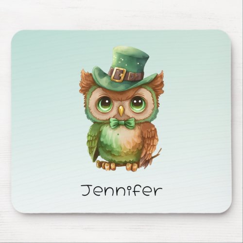 Cute Owl in a Green Top Hat Mouse Pad