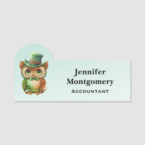 Cute Owl in a Green Top Hat Name Tag