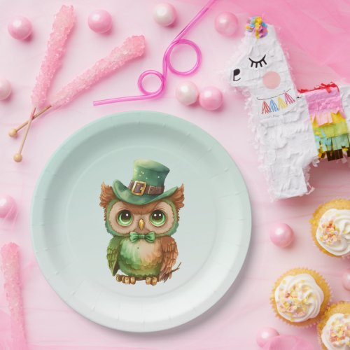 Cute Owl in a Green Top Hat Paper Plates