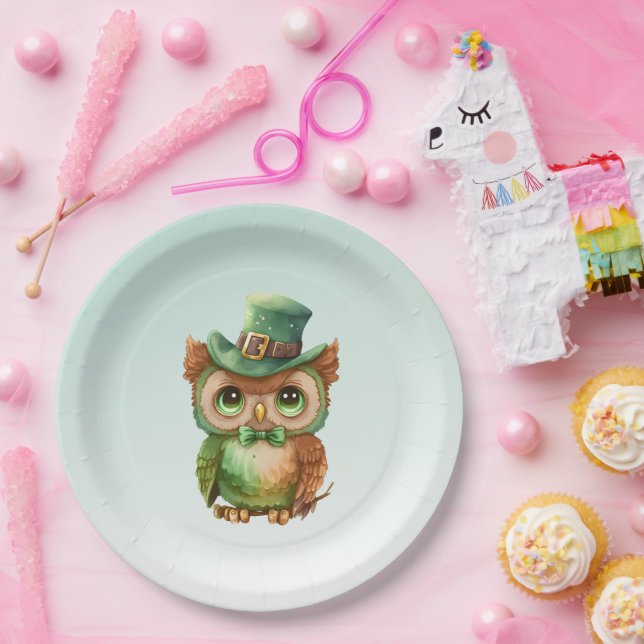 Cute Owl in a Green Top Hat Paper Plates (Party)