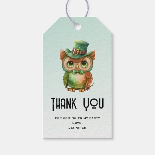 Cute Owl in a Green Top Hat Party Thank You Gift Tags