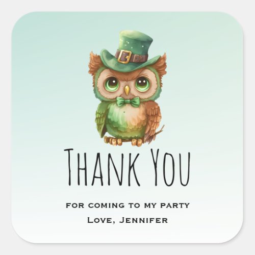 Cute Owl in a Green Top Hat Party Thank You Square Sticker