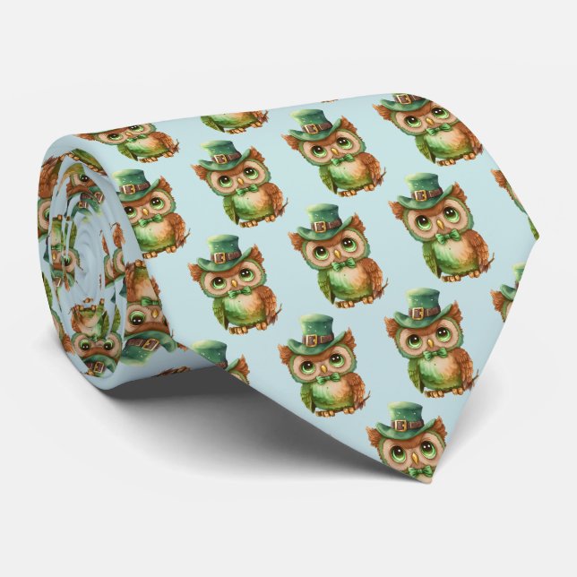  Cute Owl in a Green Top Hat Pattern Neck Tie (Rolled)