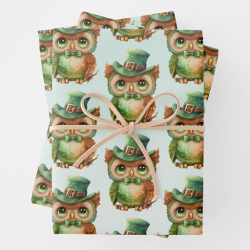 Cute Owl in a Green Top Hat Pattern Wrapping Paper Sheets