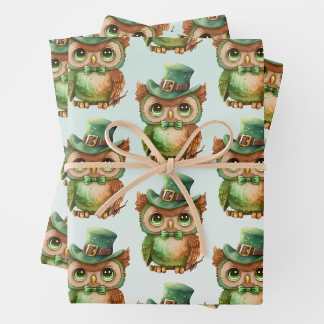 Cute Owl in a Green Top Hat Pattern Wrapping Paper Sheets (In situ)