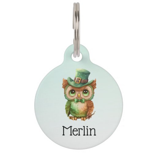 Cute Owl in a Green Top Hat Pet ID Tag
