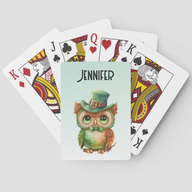 Cute Owl in a Green Top Hat Poker Cards (Back)