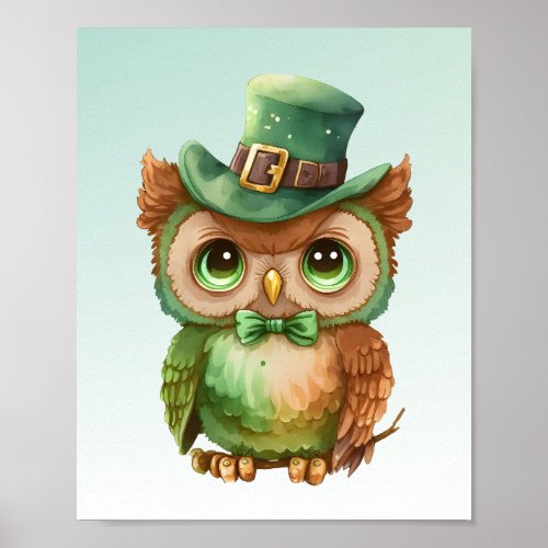 Cute Owl in a Green Top Hat Poster