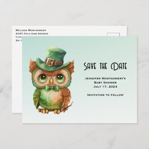 Cute Owl in a Green Top Hat Save the Date Invitation Postcard