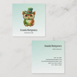 Cute Owl in a Green Top Hat Square Business Card