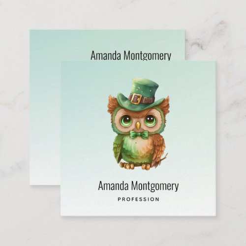 Cute Owl in a Green Top Hat Square Business Card