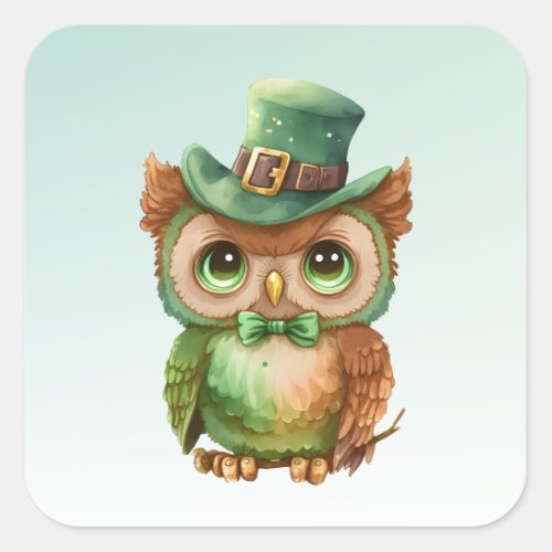  Cute Owl in a Green Top Hat Square Sticker