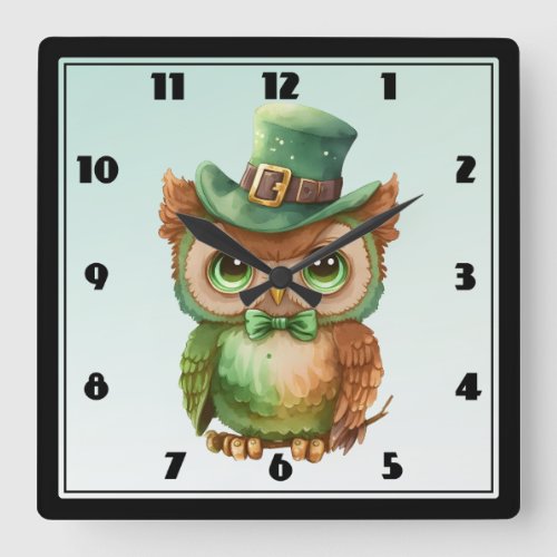 Cute Owl in a Green Top Hat Square Wall Clock