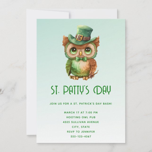 Cute Owl in a Green Top Hat St. Patty's Day Invitation (Front)