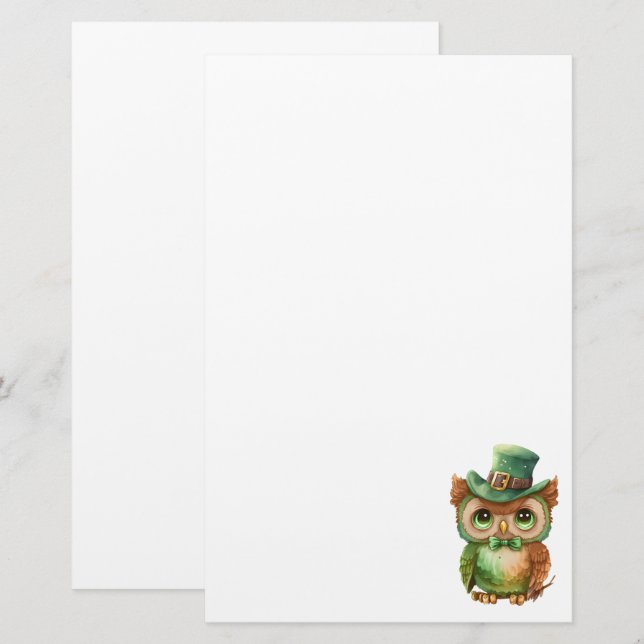 Cute Owl in a Green Top Hat Stationery (Front/Back)