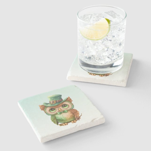 Cute Owl in a Green Top Hat Stone Coaster (Side)