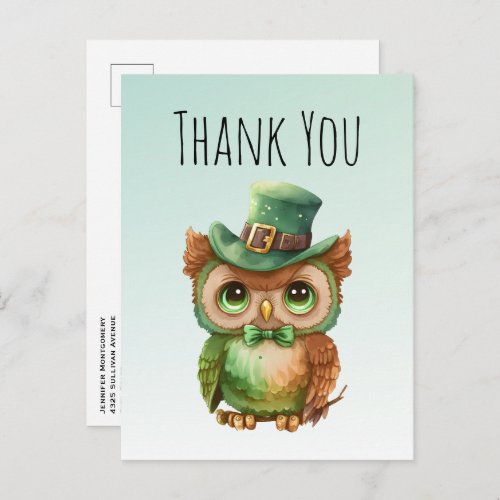 Cute Owl in a Green Top Hat Thank You Postcard