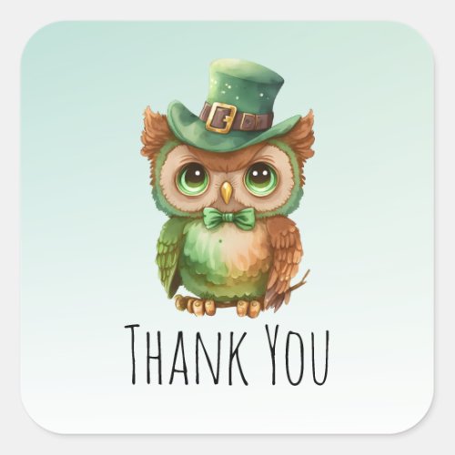 Cute Owl in a Green Top Hat Thank You Square Sticker