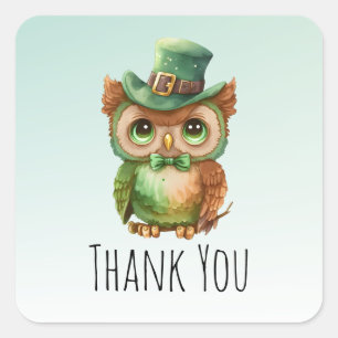 Cute Owl in a Green Top Hat Thank You Square Sticker