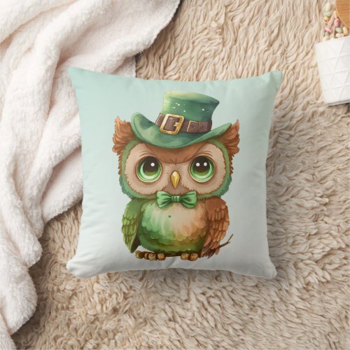 Cute Owl in a Green Top Hat Throw Pillow