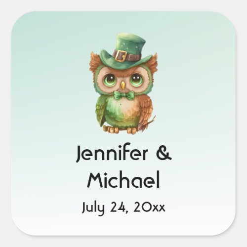  Cute Owl in a Green Top Hat Wedding Date Square Sticker