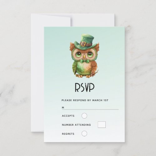 Cute Owl in a Green Top Hat Wedding RSVP Card