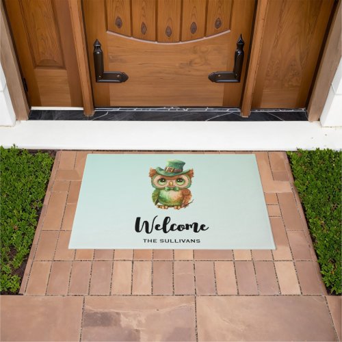 Cute Owl in a Green Top Hat Welcome Doormat