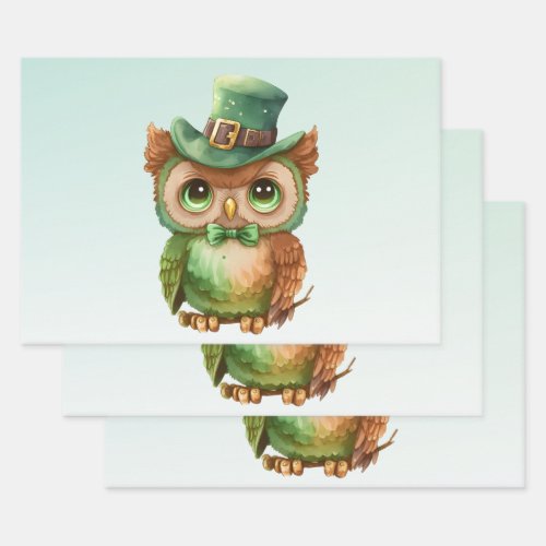 Cute Owl in a Green Top Hat Wrapping Paper Sheets
