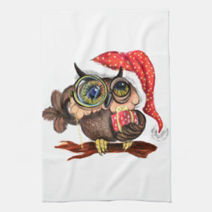 Cute Owl In Christmas Hat and Gift Kitchen Towel