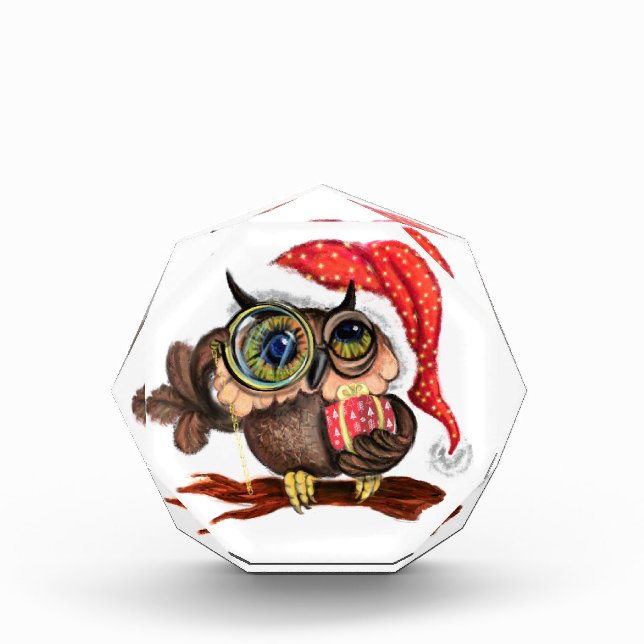Cute Owl In Christmas Hat and Gift Photo Block (Front)