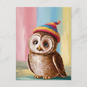 Cute Owl in Colorful Beanie Postcard