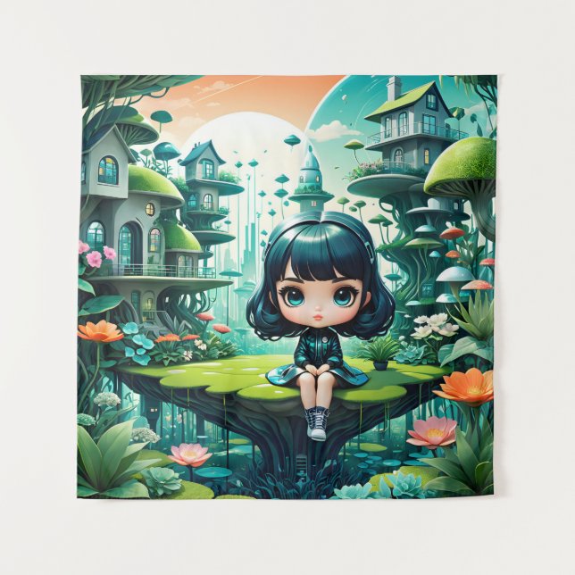 Cute Owl in Colorful Beanie Tapestry (Front)