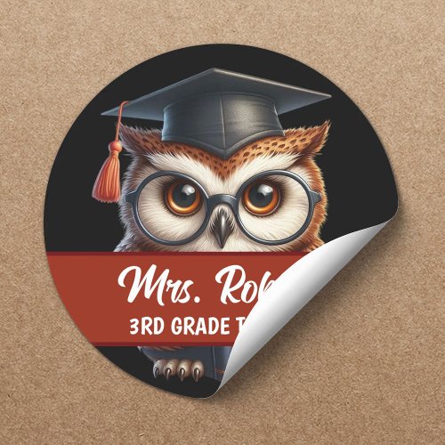 Cute OWL in Glasses Red Stripe Tutor Teacher Classic Round Sticker